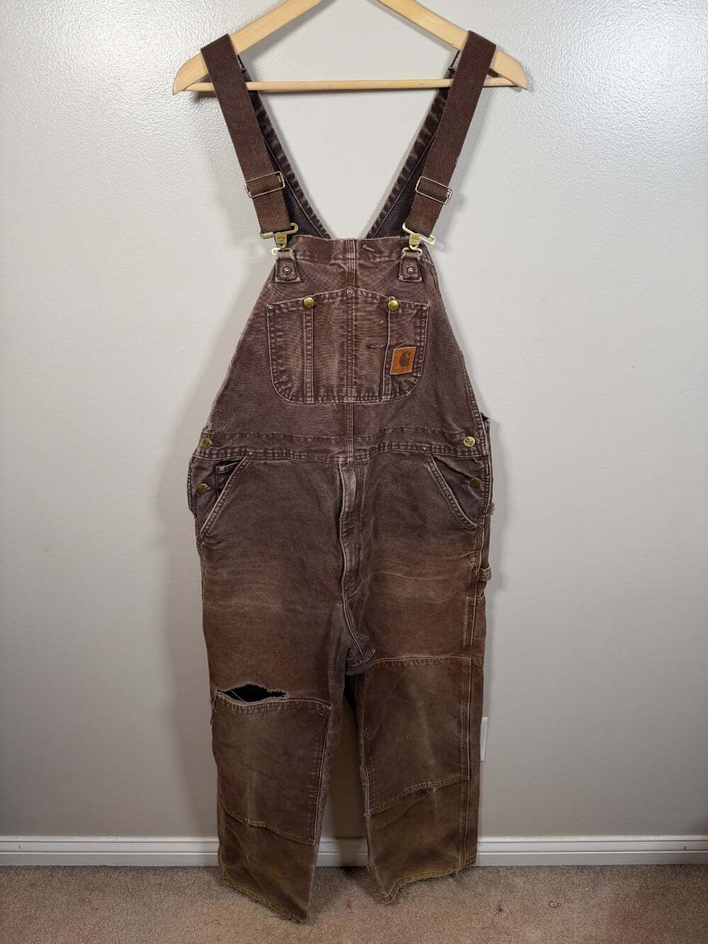 Vintage Carhartt Duck Canvas Bib Overalls Size 38x30 90s Thrashed R06 DKB Brown